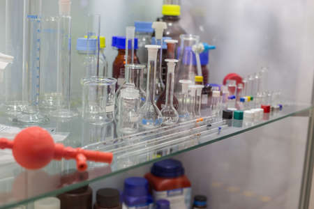 Moscow, Russia - 14 April 2021: Laboratory Research Scientific Glassware for the field of analytical chemistry at the exhibition stands of the international exhibitionのeditorial素材