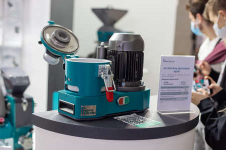 Moscow, Russia - 14 april 2021: Various equipment for the field of analytical chemistry at the exhibition stands of the international exhibitionのeditorial素材