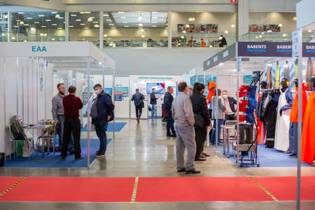Moscow, Russia - 14 april 2021: Exhibition stands of different companies at the crocus expo in...