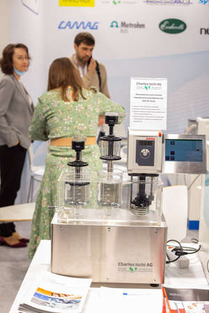 Moscow, Russia - 14 april 2021: Various equipment for the field of analytical chemistry at the...