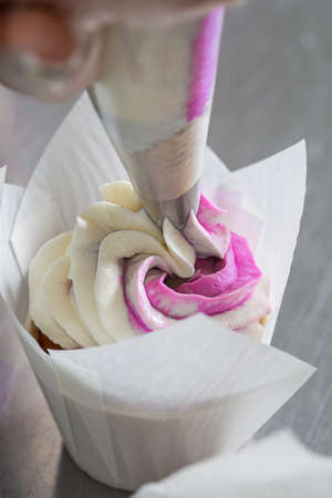 The girl cooks cupcakes at home, fills them with filling. Woman hands chef holding pastry bag,...