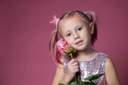 Little caucasian girl in a festive dress with sequins posing with rose flower on a pink background looking at the cameraの写真素材