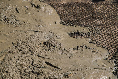 Metal mesh laid out on the floor for cementing paths in the garden