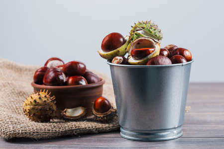 Close up view of chestnuts in a metal basket on a wooden background