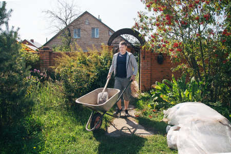 A 30-year-old caucasian man carries a garden wheelbarrow for loading sand to fill the paths with...