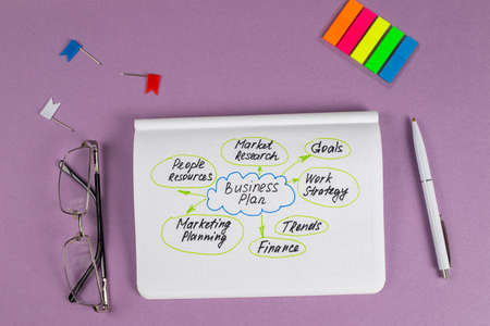 Business plan concept in notepad on working desk. Top view, flat lay, copy space.の写真素材