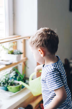 Caucasian boy watering from a yellow watering can home plants on the windowsill, toned lifestyle...