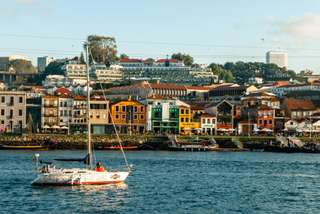 Porto, Portugal - September 18, 2021: Ribeira of Porto at sunset with a Martini branded boat sailing by colorful houses and famous wine cellars companies - Portugalのeditorial素材