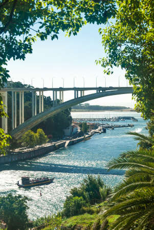View of the Arrabida Bridge and river Douro and a passing boat scenic composition landscape with natural green frame of trees and grass - Porto, Portugalの写真素材