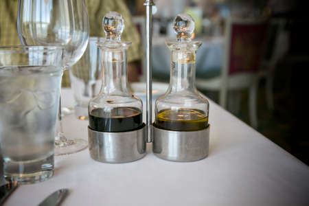 Gourmet restaurant setting: oil and vinegar