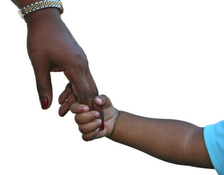 African-American family: child is holding mothers hand isolated on whiteの写真素材