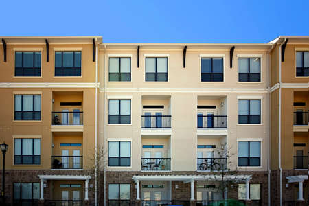 Austin, Texas, 2017. Modern new apartment (condo) complex, windows and balcony's