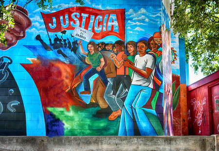 April 15, 2018, Austin, Texas. Beautiful colorful "Justicia" Justice mural at South-West Austin.のeditorial素材