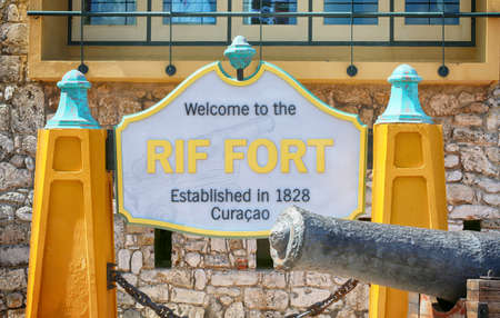Willemstad, Curacao, January 25, 2019. Rif Fort sign, historic landmark.のeditorial素材