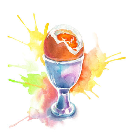 brown egg poached drawing watercolor splashesの写真素材
