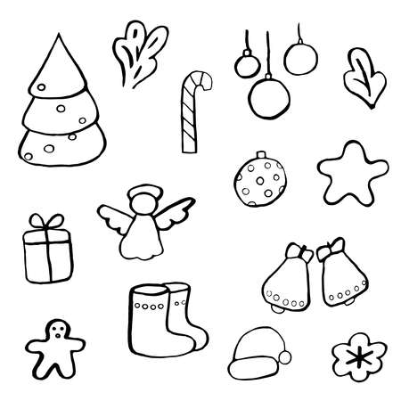 Christmas Doodle: Christmas tree, balls, angel, socks, gift, gingerbread, bells, Christmas hat, Christmas tree toys, decorationsのイラスト素材
