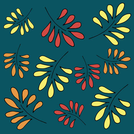 Hand drawn yellow, orange and red autumn leaves on green background. Doodle and cartoon style set.のイラスト素材