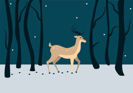 brown deer on dark background with snow flakes. Blue forest, dark blue trees. Christmas vector drawingのイラスト素材