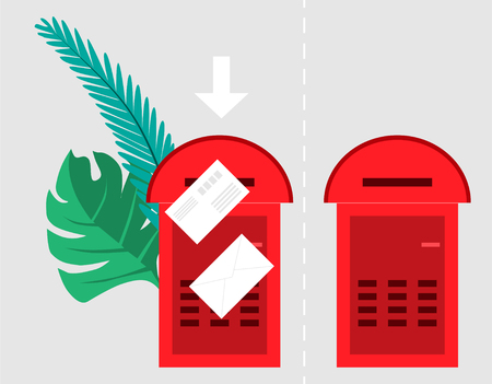 Email concept. Two mailboxes, empty and with envelopes surrounded by green palm leaves. Vector...