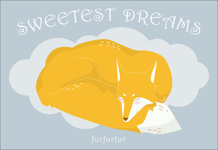 Sleeping on a cloud red fox on a gray background. The text of the sweetest dreams. Vector illustration. EPS10のイラスト素材