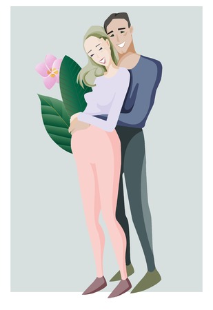 Young smiling sports couple man and girl are expecting a child. Future motherhood and fatherhood. Characters Vector Illustration. Seamless pattern Objects on a gray background. EPS10のイラスト素材