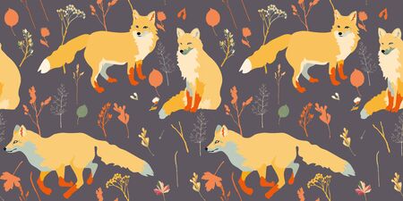 Three fluffy red foxes on a grey- brown background seamless vector illustration. Picture with forest animals, leaves, flowers, grass, branches. Endless pattern. EPS 10のイラスト素材