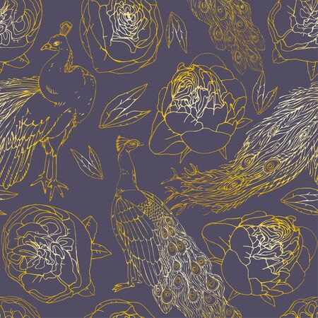 Seamless pattern with golden peacock and roses, peonies, leaves on dusty violet background. Tropical berds, flowers. Vector illustration with plants. Gentle pastel colors. EPS 10のイラスト素材