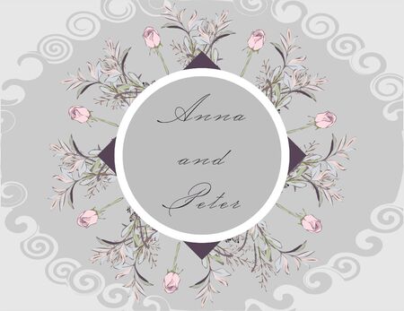 Invitation to the wedding, party, greeting card with a floral design. Volet, white, grey, pink colors. EPS10のイラスト素材
