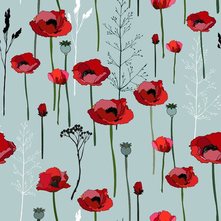 Flowers and boxes of poppies, twigs of grass seamless pattern. Vector illustration with plants.のイラスト素材