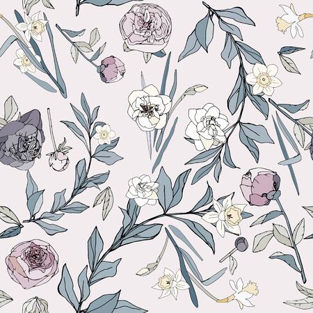 Seamless pattern with flowers and leaves of roses, peonies and daffodils. Tropical flowers vector illustration.のイラスト素材