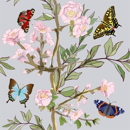 Multicolored butterflies with bushes roses seamless pattern. Vector illustration with insects and plants.のイラスト素材