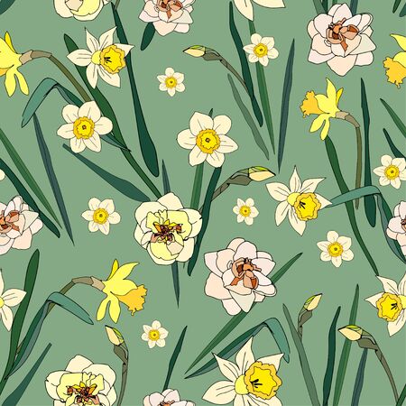 Seamless pattern with flowers and leaves of daffodils. Tropical flowers vector illustration.のイラスト素材