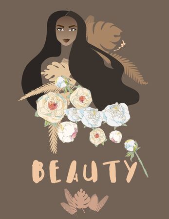 Beautiful woman with long hair surrounded by tropical leaves of palm trees and flowers peonies and roses. Pretty girl with stylish makeup. Text beauty.のイラスト素材