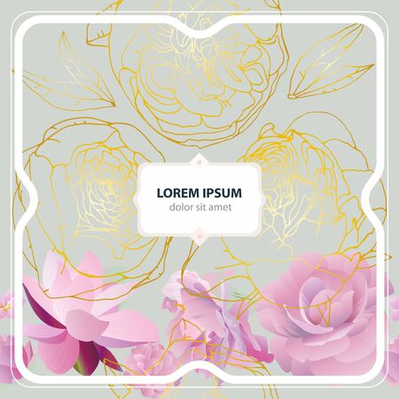 Seamless pattern with pink and golden roses on light gray background. Tropical flowers, lily, peonies. Vector illustration with plants. Gentle pastel colors.のイラスト素材