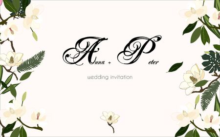 Web banner, invitation, post card.  wedding invitation. Leaves, twigs and flowers artistic background.のイラスト素材