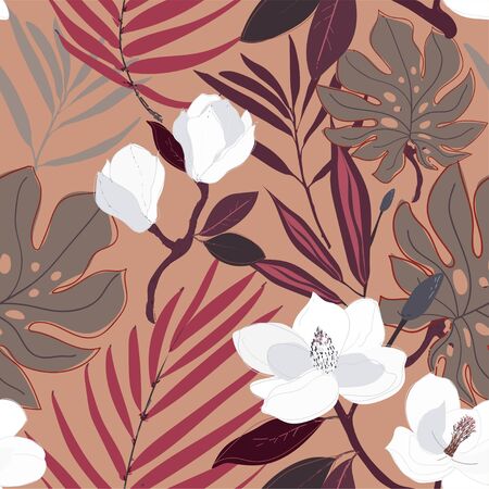 Leaves, twigs and flowers artistic seamless pattern.のイラスト素材