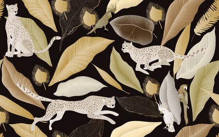 Jaguars and cockatoo parrots in mystically beautiful palm leaves. Seamless pattern. Vector illustration with tropical plants and animals on a dark background. EPS10のイラスト素材