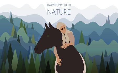 A girl riding a horse without a bridle against the backdrop of a landscape with mountains covered with spruce. Harmony with nature vector illustration. EPS10のイラスト素材