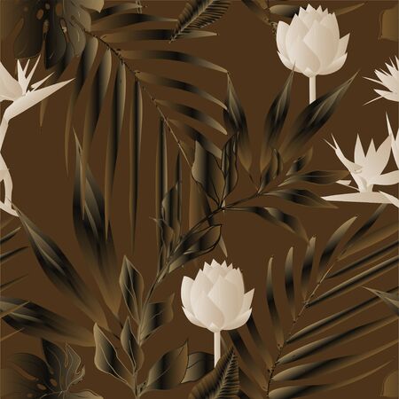 Lotus flowers surrounded by palm leaves seamless pattern. Vector illustration with tropical plants.のイラスト素材