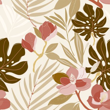 Leaves, twigs and flowers artistic seamless pattern.のイラスト素材