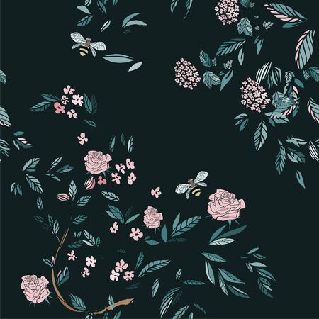 Branches of flowering trees vector illustration. Seamless pattern with bees, twigs, leaves and flowers on a dark blue background.のイラスト素材
