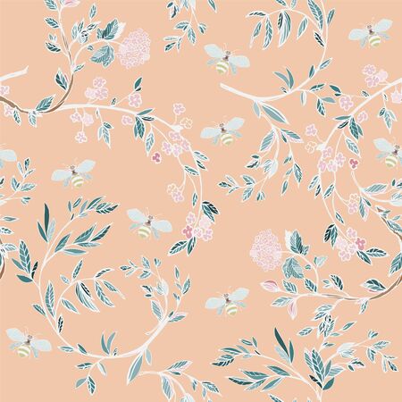 Branches of flowering trees vector illustration. Seamless pattern with bees, twigs, leaves and flowers on a beige background.のイラスト素材