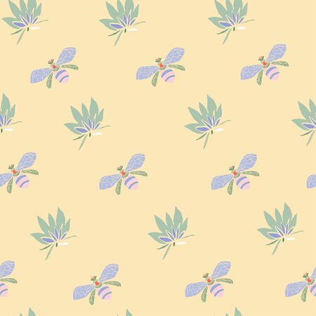 Flowers and bees vector illustration. Seamless pattern light yellow background.のイラスト素材