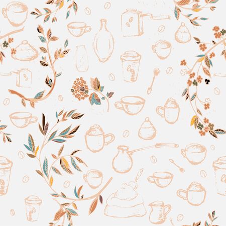 Pencil drawing of coffee elements, mugs, coffee grinder, spoons, turk for making coffee and flower branches. Vector illustration. Seamless pattern for coffee houses or store. Light grey beige colorsのイラスト素材