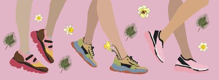 Modern fashionable sneakers on tan legs on a pink color background. Vector hand drawn illustration.のイラスト素材