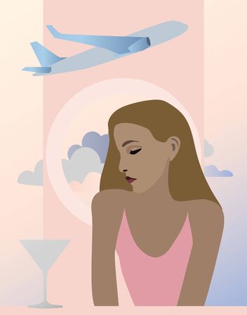 A tanned girl with dark hair sits at the porthole of an airplane with a glass of martini vector illustration. Comfortable flights. Delicate pink and pastel colors. Clouds on a sunset background.のイラスト素材