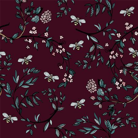 Branches of flowering trees vector illustration. Seamless pattern with bees, twigs, leaves and flowers on a purple background.のイラスト素材