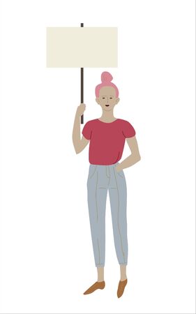 A girl with pink hair and an empty banner in her hands on a white background vector illustration.のイラスト素材