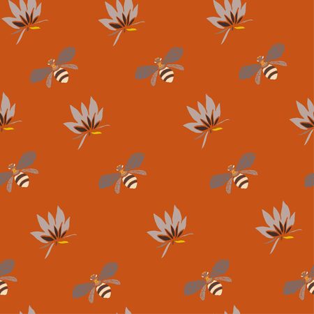 Flowers and bees vector illustration. Seamless pattern orange tangerine background.のイラスト素材