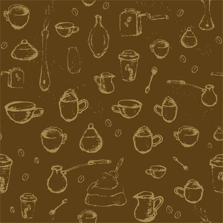 Pencil drawing of coffee elements, mugs, coffee grinder, spoons, turk for making coffee on brown background. Vector illustration. Seamless pattern for coffee houses or store.のイラスト素材